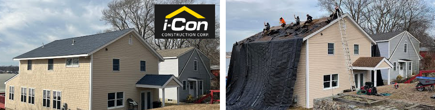 A picture of a house being built and a picture of a house being remodeled.