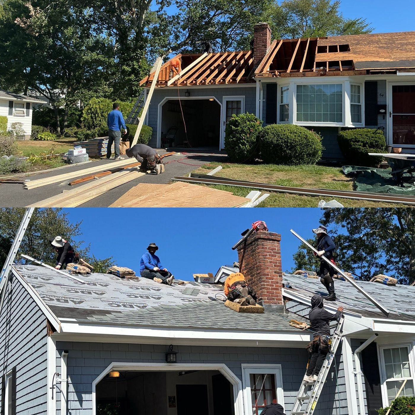 Two photos: Roofers working on a gray house, removing old roof and installing a new one.