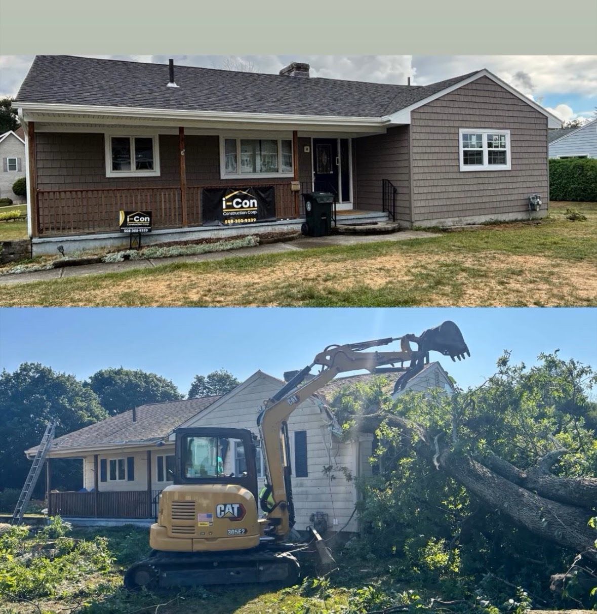 Top: Brown house with dark roof, white trim. Bottom: Excavator tearing down part of the same house.
