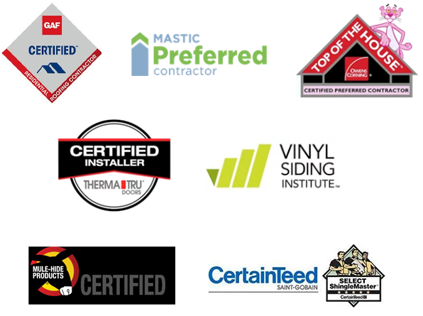 A collection of eight industry certification and contractor logos for construction, roofing, and home siding companies.