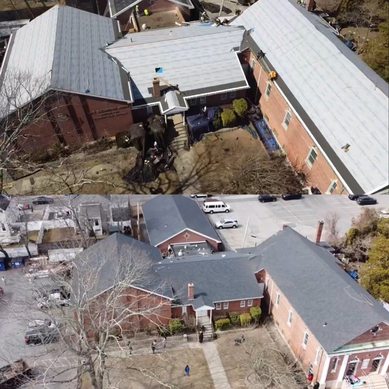 Two aerial views: brick buildings with dark and light gray roofs, surrounded by trees and parked cars.