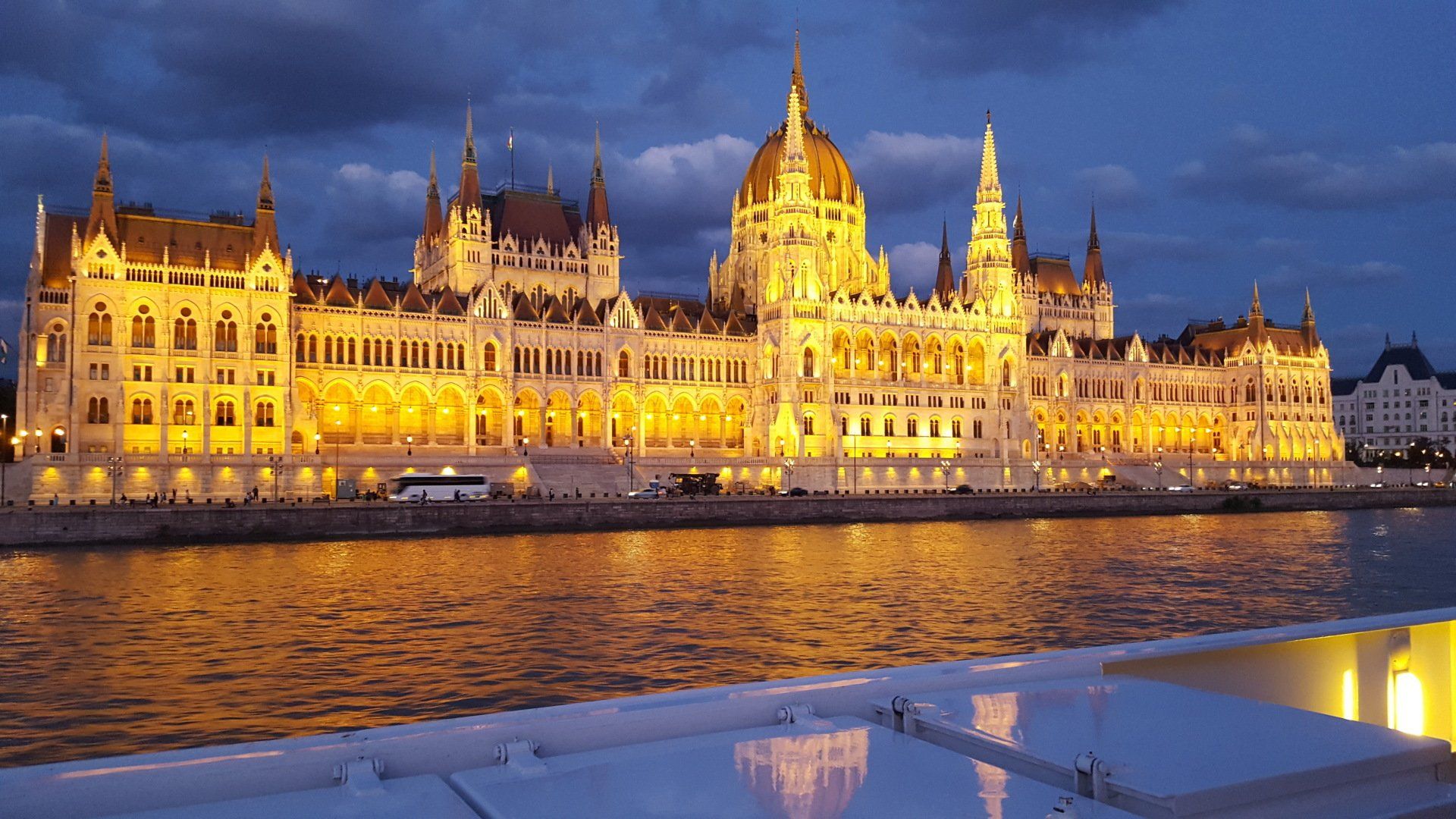 Danube River Cruise Budapest Hungary Illuminated Parliament Twilight