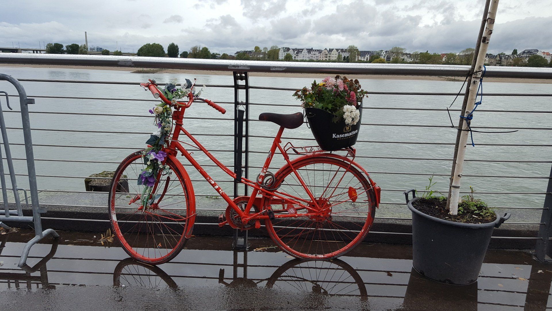 Dusseldorf - red bike on promenade along Rhine RIver