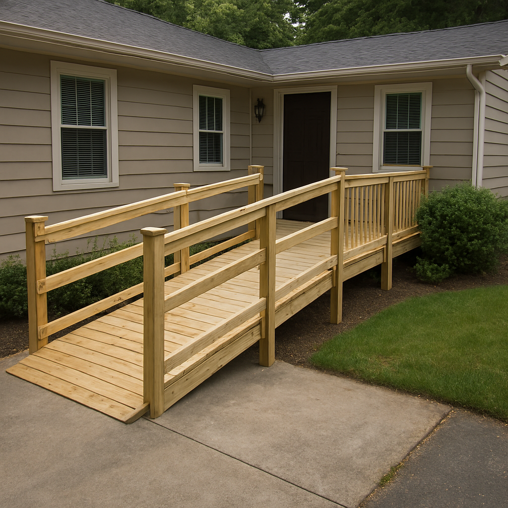 Wooden ramp with handrails leading to the front door of a beige house; green grass and bushes.