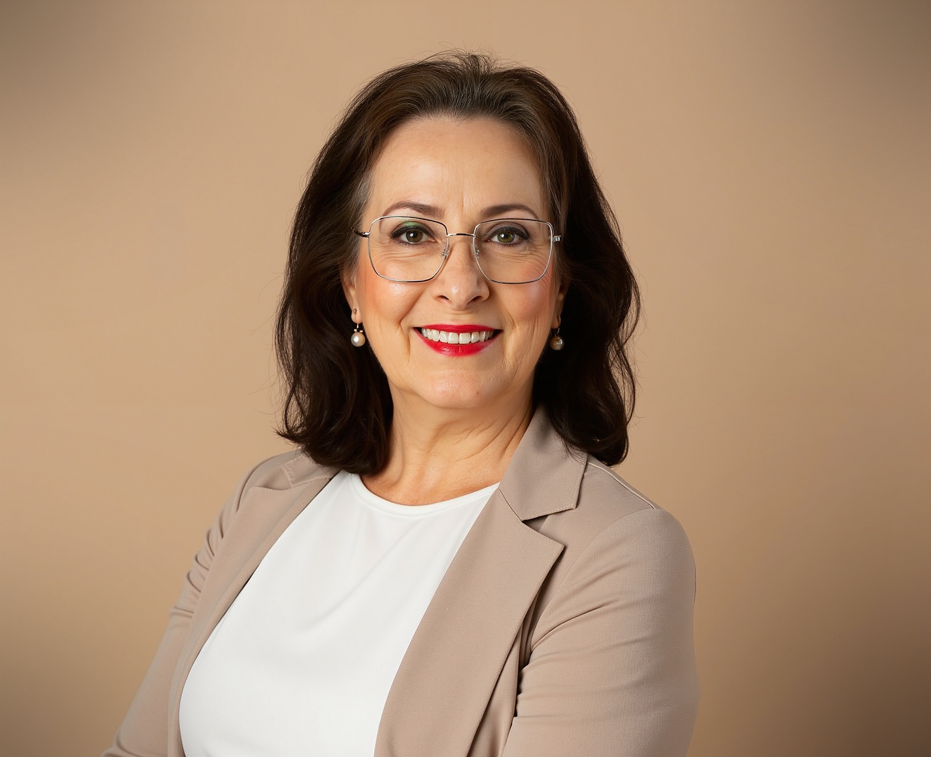 A woman wearing glasses and a white shirt is smiling for the camera.