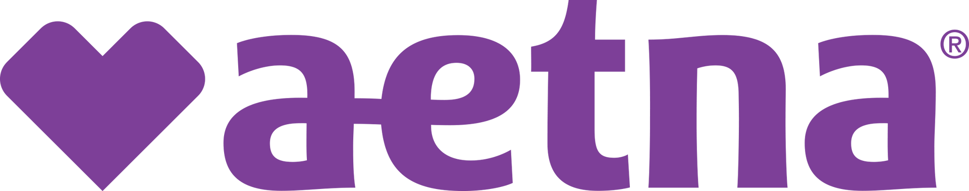 A purple logo for aetna with a heart in the middle.