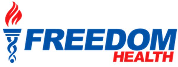 The logo for freedom health is blue and red