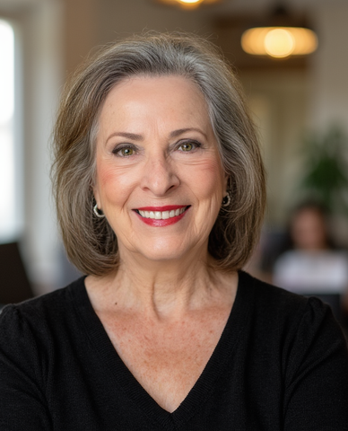 A woman wearing a white shirt and red lipstick is smiling for the camera.