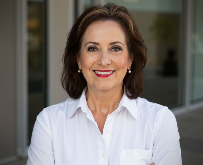 A woman wearing a white shirt and red lipstick is smiling for the camera.