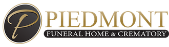 Logo for Piedmont Funeral Home & Crematory: gold text and a "P" in a black oval.