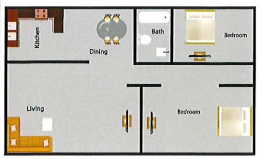 Floor plan of a two-bedroom apartment, including a kitchen, living room, dining area, and bathroom.
