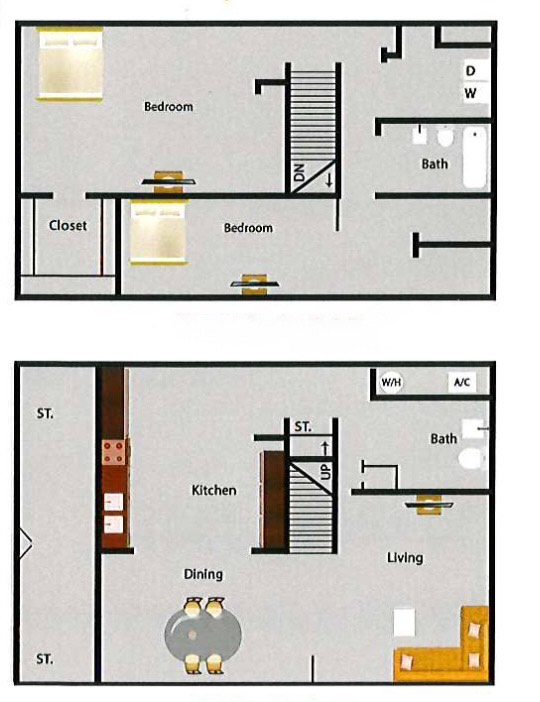 Floor plan of a two-story apartment with bedrooms upstairs and kitchen/living areas downstairs.