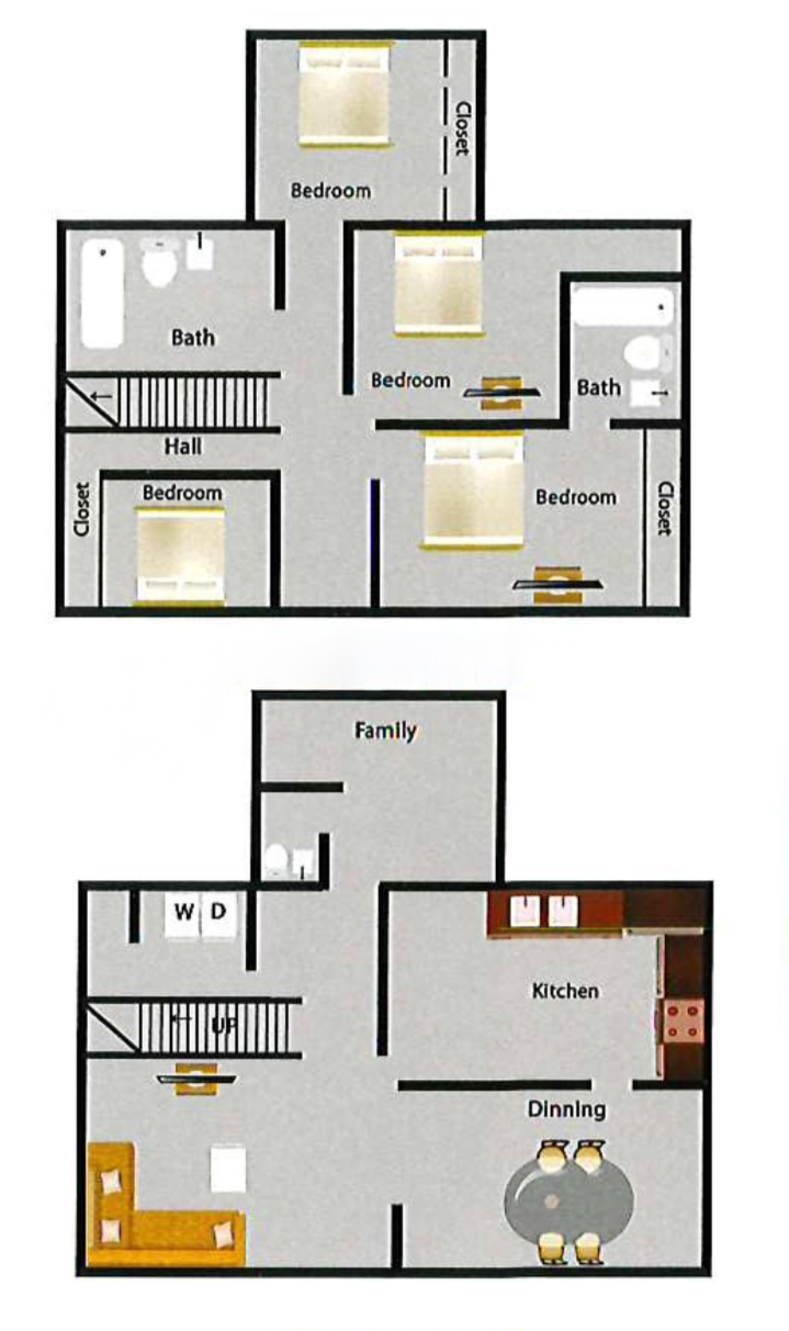Floor plan of a two-story house with bedrooms, bathrooms, kitchen, dining, and family room.
