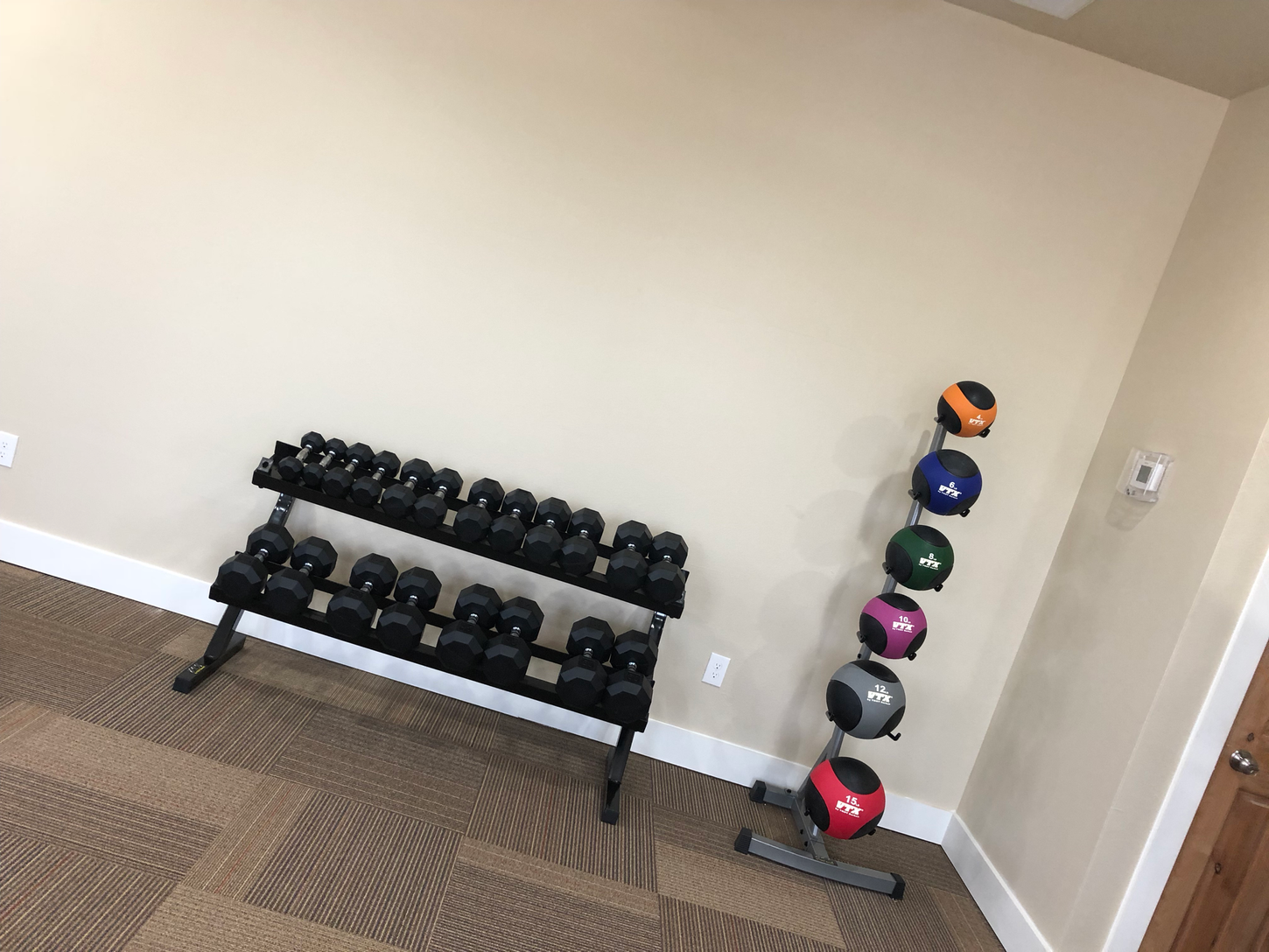 Dumbbells on a rack and medicine balls on a stand in a beige-walled room with carpet.