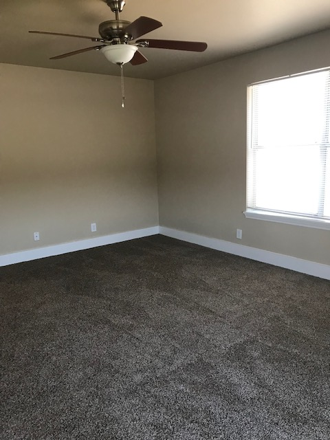 Empty room with beige walls, brown carpet, white trim, and a ceiling fan. Sunlight streams from a window.
