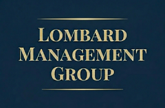 Gold &ldquo;Lombard Management Group&rdquo; text on a dark blue background.