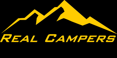 Yellow mountain logo with the words “Real Campers” on a black background
