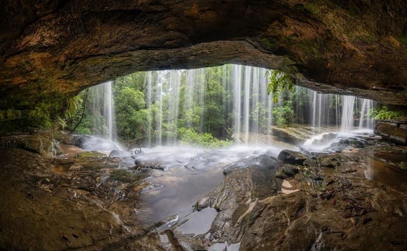 A waterfall is coming out of a cave in the woods.