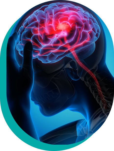 Brain with highlighted red area indicating potential medical issue. Person holding head.