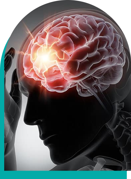 Silhouette of a person with a glowing brain highlighting a point of pain.