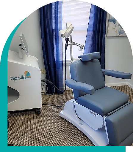 Medical office room with a treatment chair, Apollo machine, and therapy device.