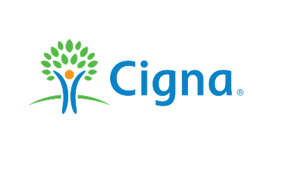 Cigna logo featuring a stylized tree with a person inside, blue text.