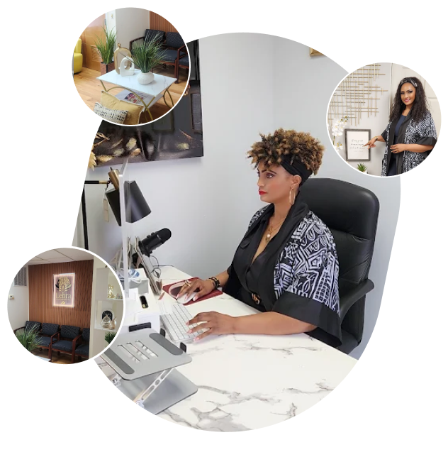 Woman at desk with computer, office setting. Interiors of space.