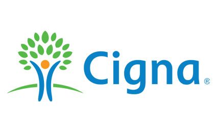 Cigna logo with a stylized tree and person in shades of blue and green.