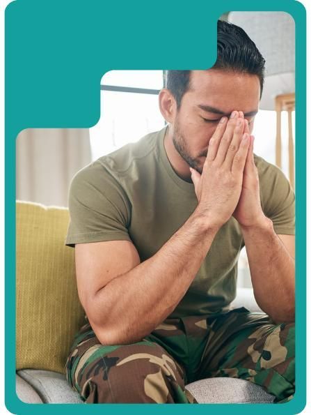 Man in camouflage, seated, hands covering face, appearing distressed.