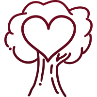 A dark red line art drawing of a tree with a prominent heart shape as its canopy.