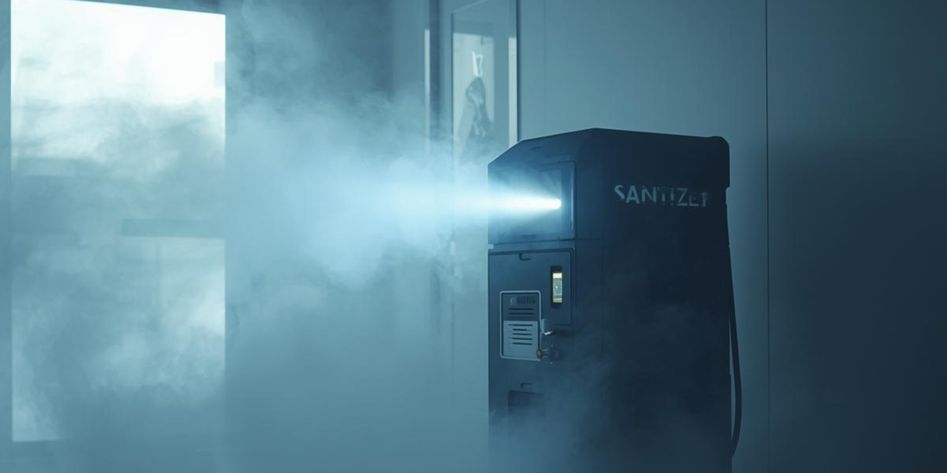 A machine emitting a cloud of smoke inside a room. The machine is labeled 