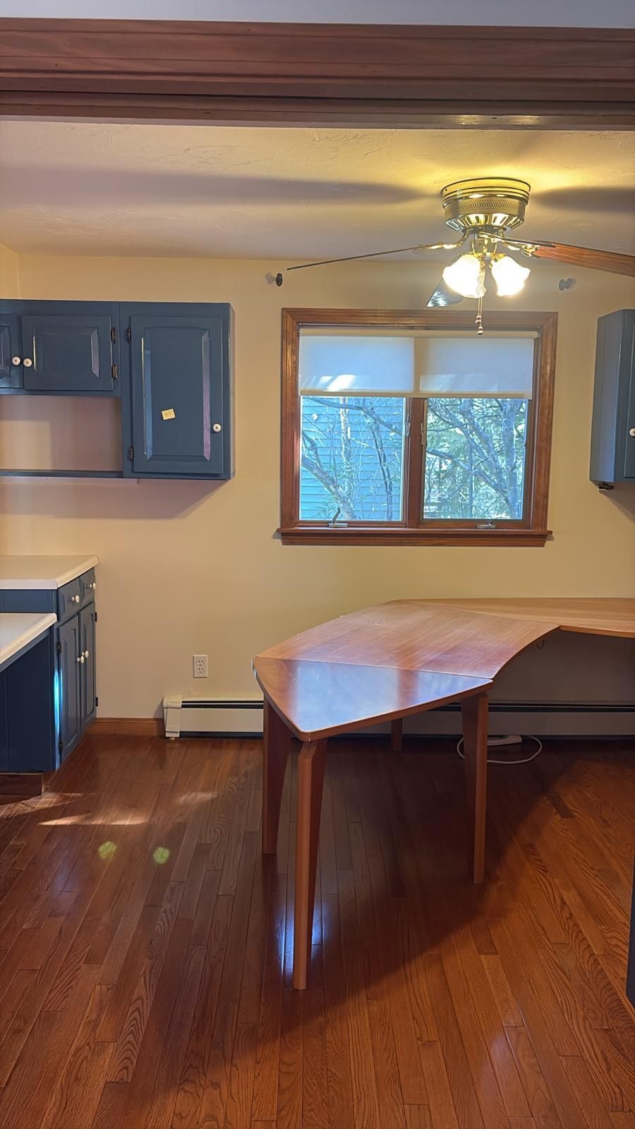 Kitchen with blue cabinets, wooden table, and hardwood floors.