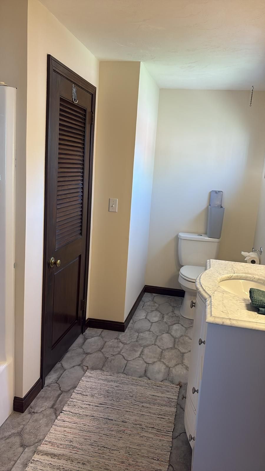 Bathroom with brown door, toilet, vanity, and patterned floor.