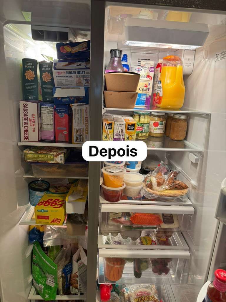 Refrigerator, organized with food items and containers; 