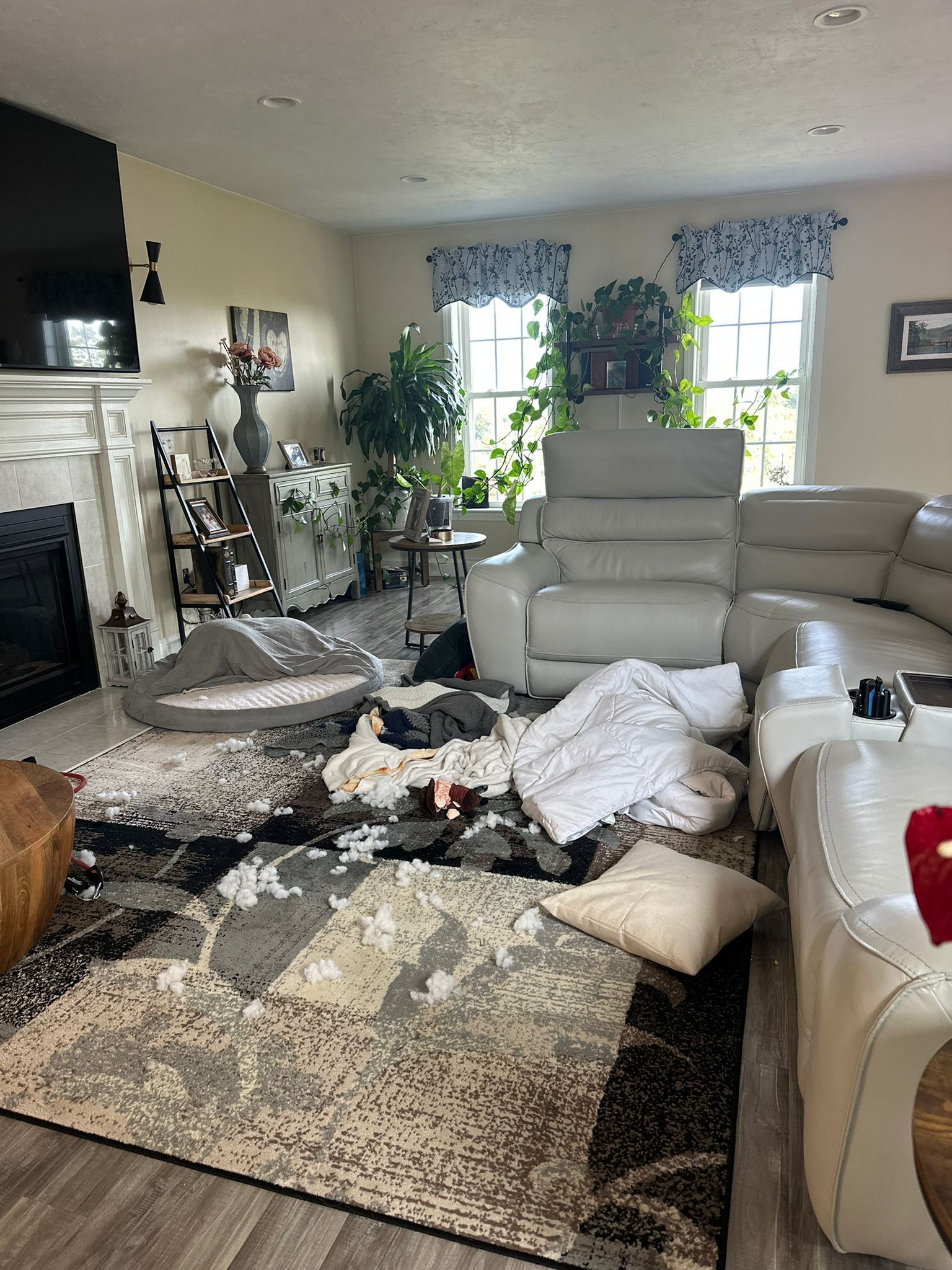 Living room with damaged furniture, a rug, and items scattered. Fireplace and windows in the background.