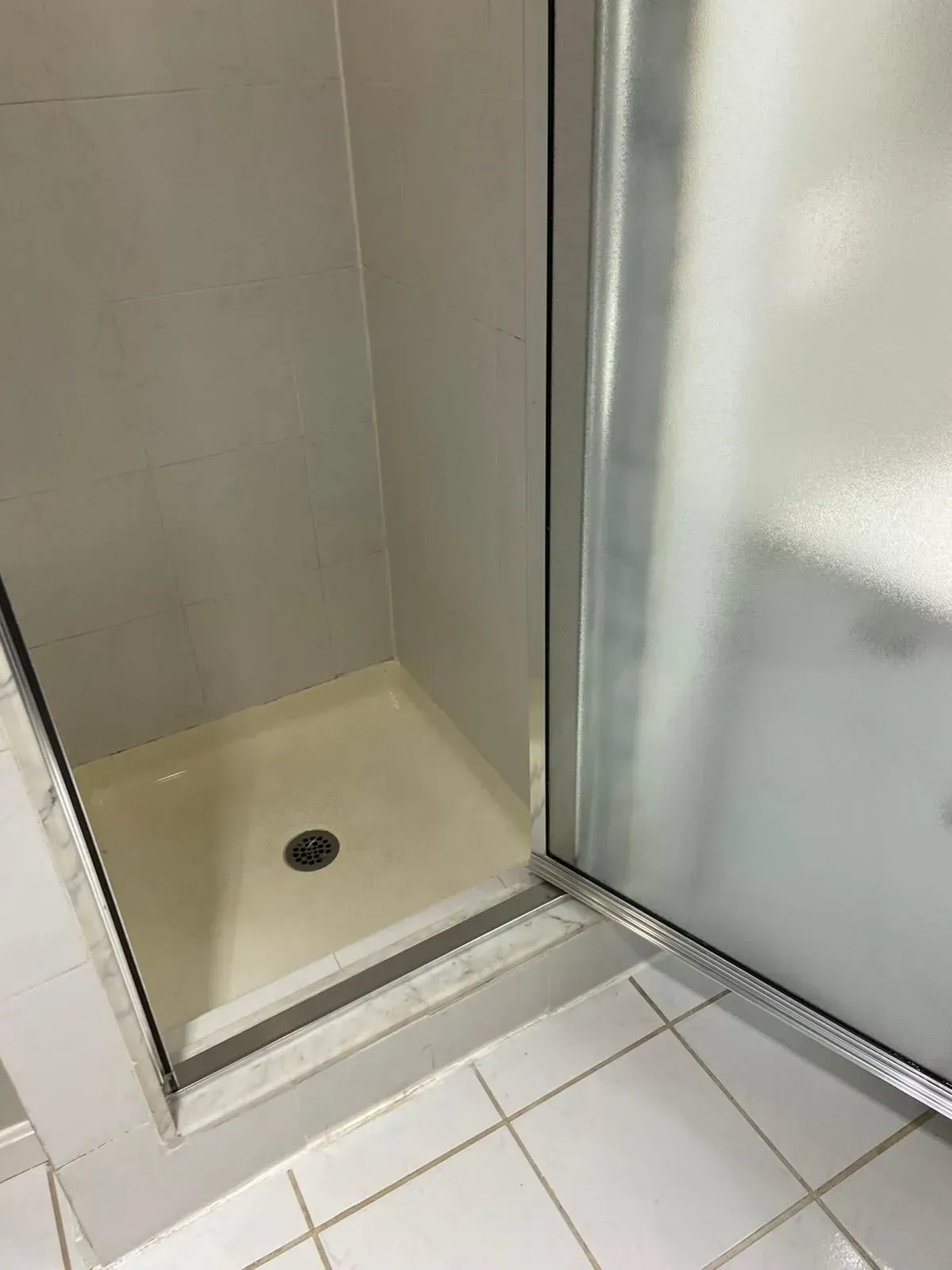 Shower stall with frosted glass door, beige walls, and tiled floor.