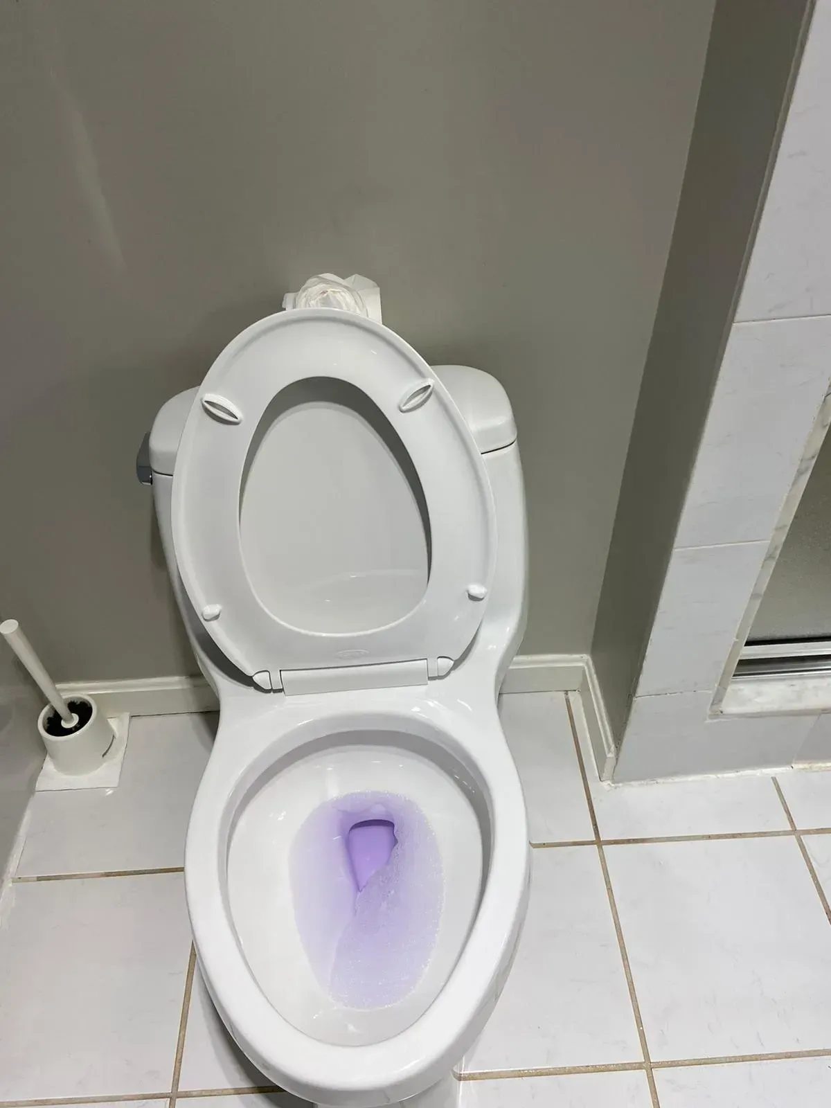 White toilet with a purple liquid in the bowl, lid up. Next to a toilet brush on a tiled floor.