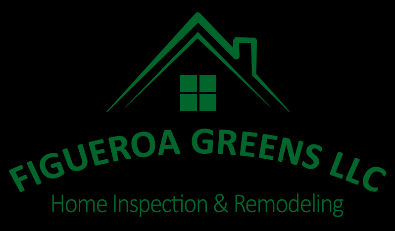 A green outline of a house with a window above text that reads "FIGUEROA GREENS LLC Home Inspection & Remodeling" in green.