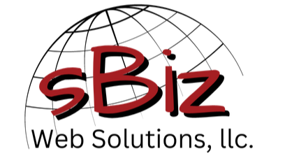 a logo for sbiz web solutions llc with a globe in the background