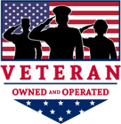 a veteran owned and operated logo with three soldiers saluting in front of an american flag .