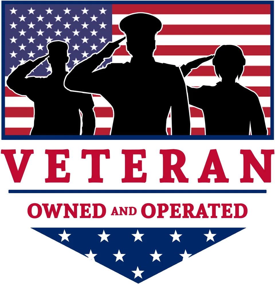 a veteran owned and operated logo with three soldiers saluting in front of an american flag .