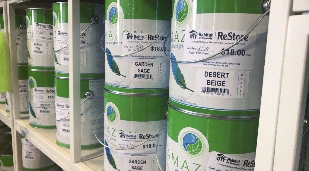 Amazon Recycled Paint, now available at the Habitat for Humanity ReStore in Riverside. 