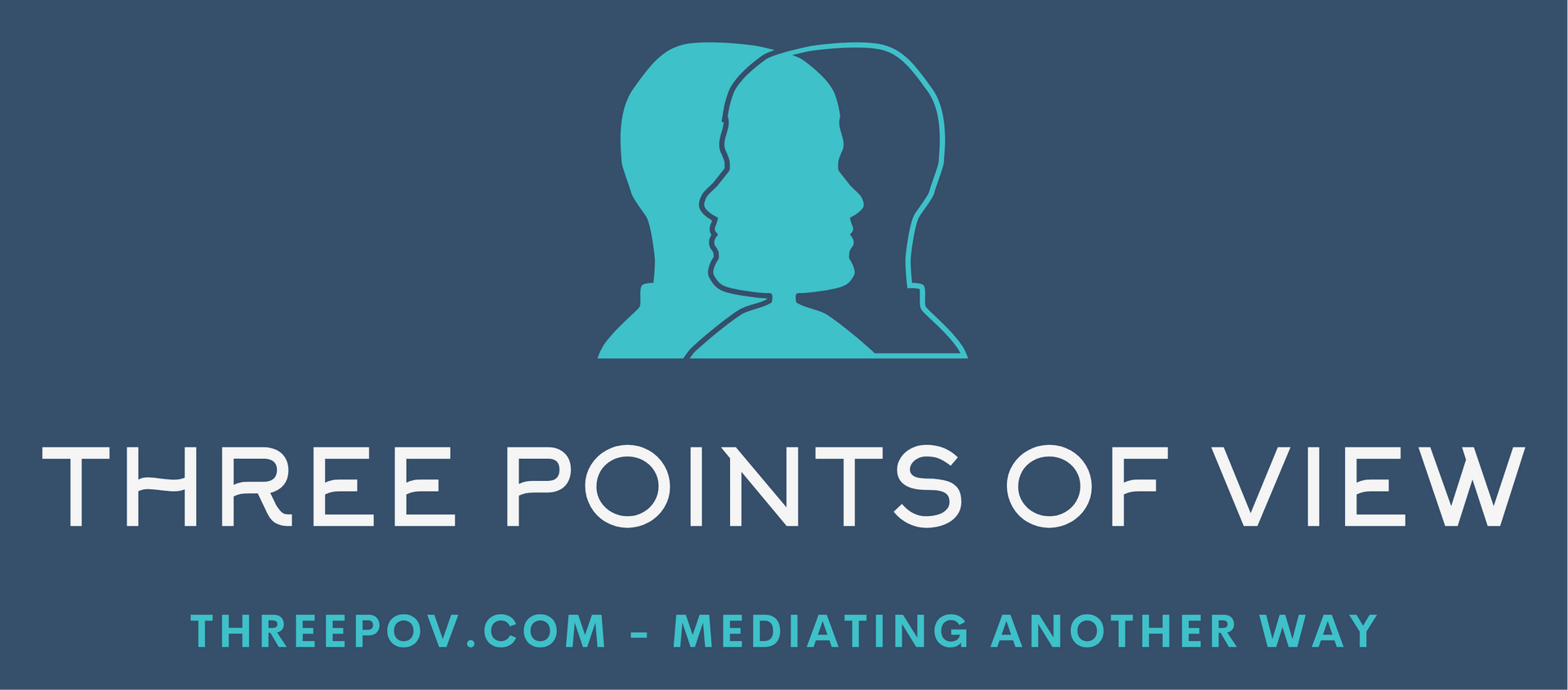 Logo with two overlapping head silhouettes, one turquoise and one outlined, 