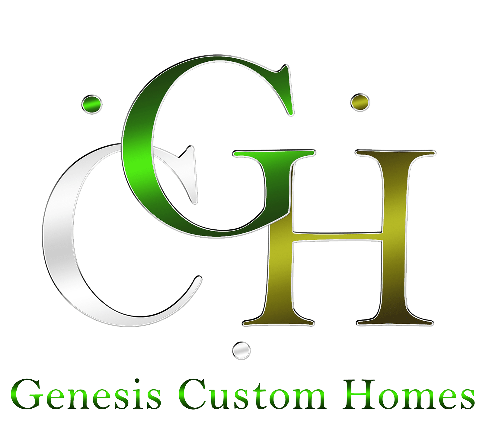 The logo for Genesis Custom Homes is green and gold.