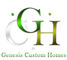 The logo for Genesis Custom Homes is green and gold.