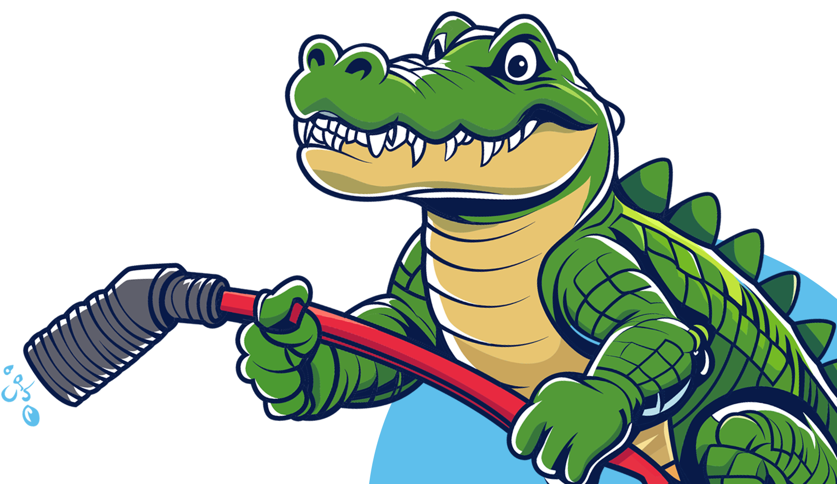 Cartoon alligator with a friendly expression holding a red pressure washer hose.
