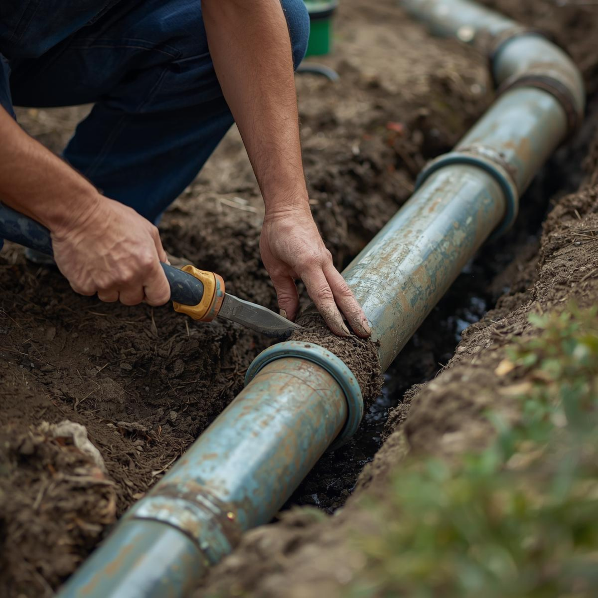 Person cutting a pipe in a trench with a knife, outdoor setting.