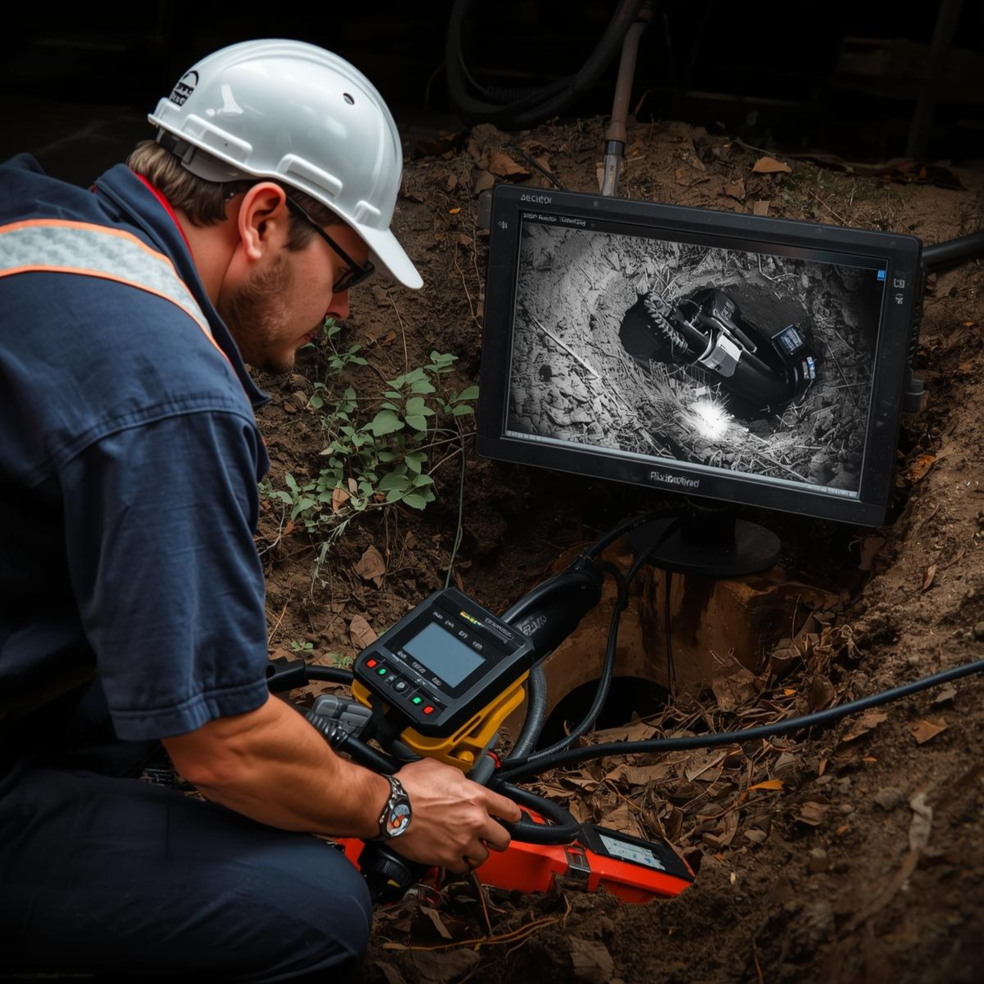 Man in hard hat using a camera to inspect underground pipes, looking at the monitor in a trench.