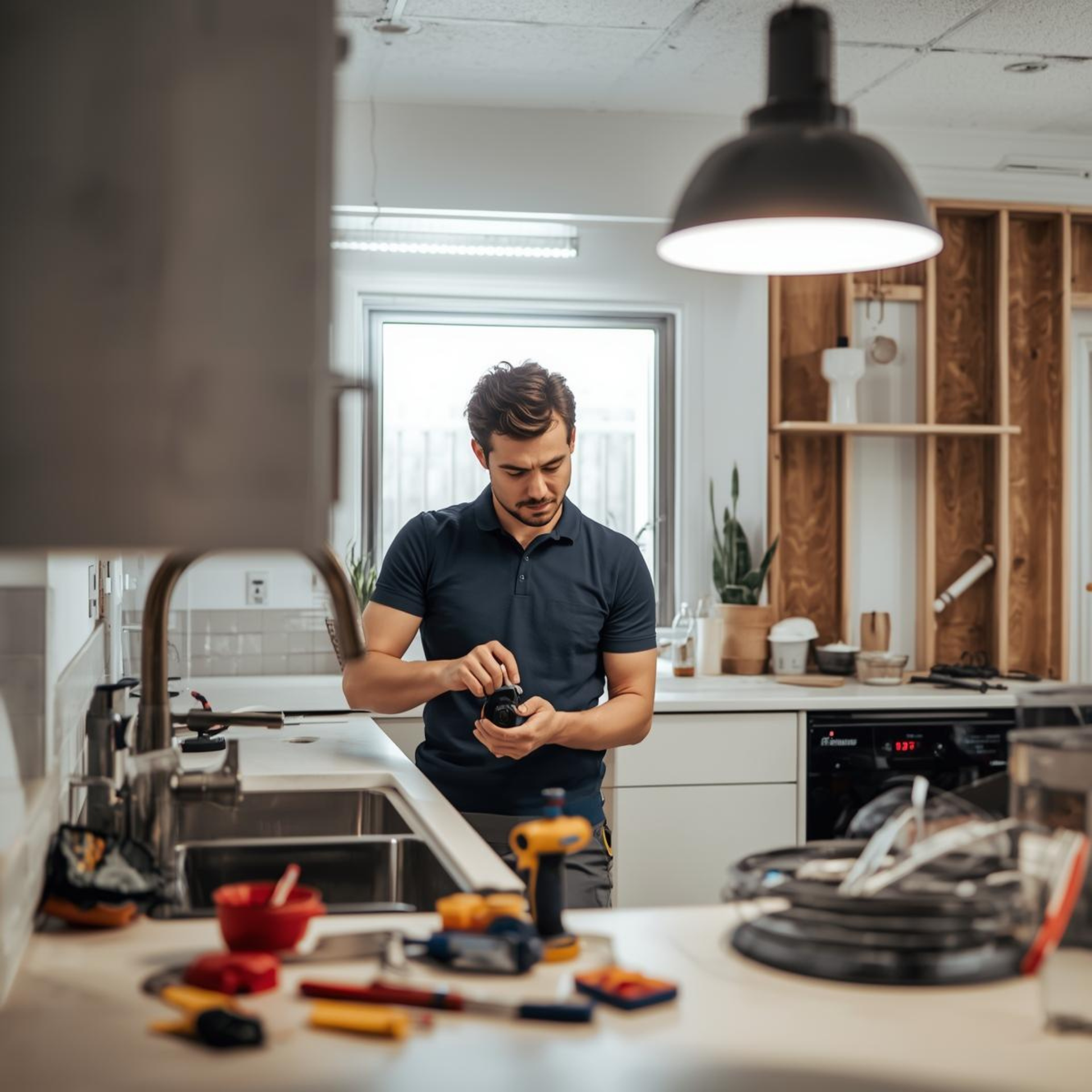 Man in kitchen, holding object, tools and dishes on counter, under light.