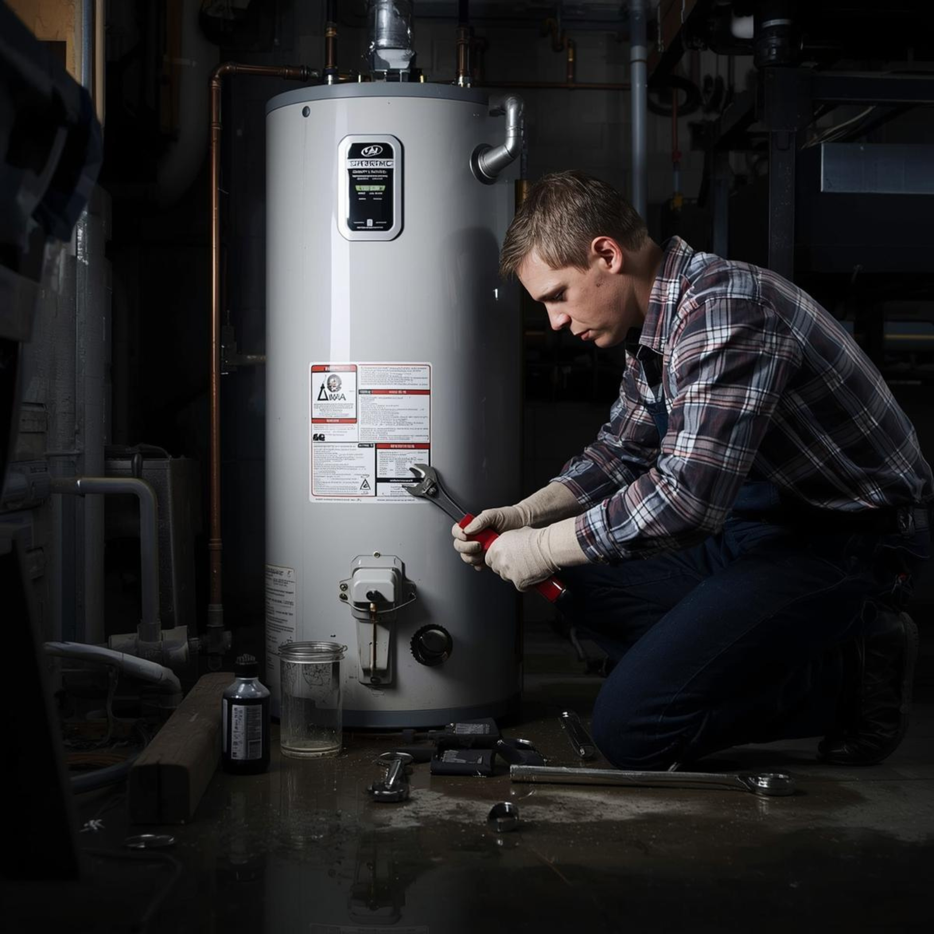Man repairing a water heater in a dimly lit utility room; kneeling, using a wrench.